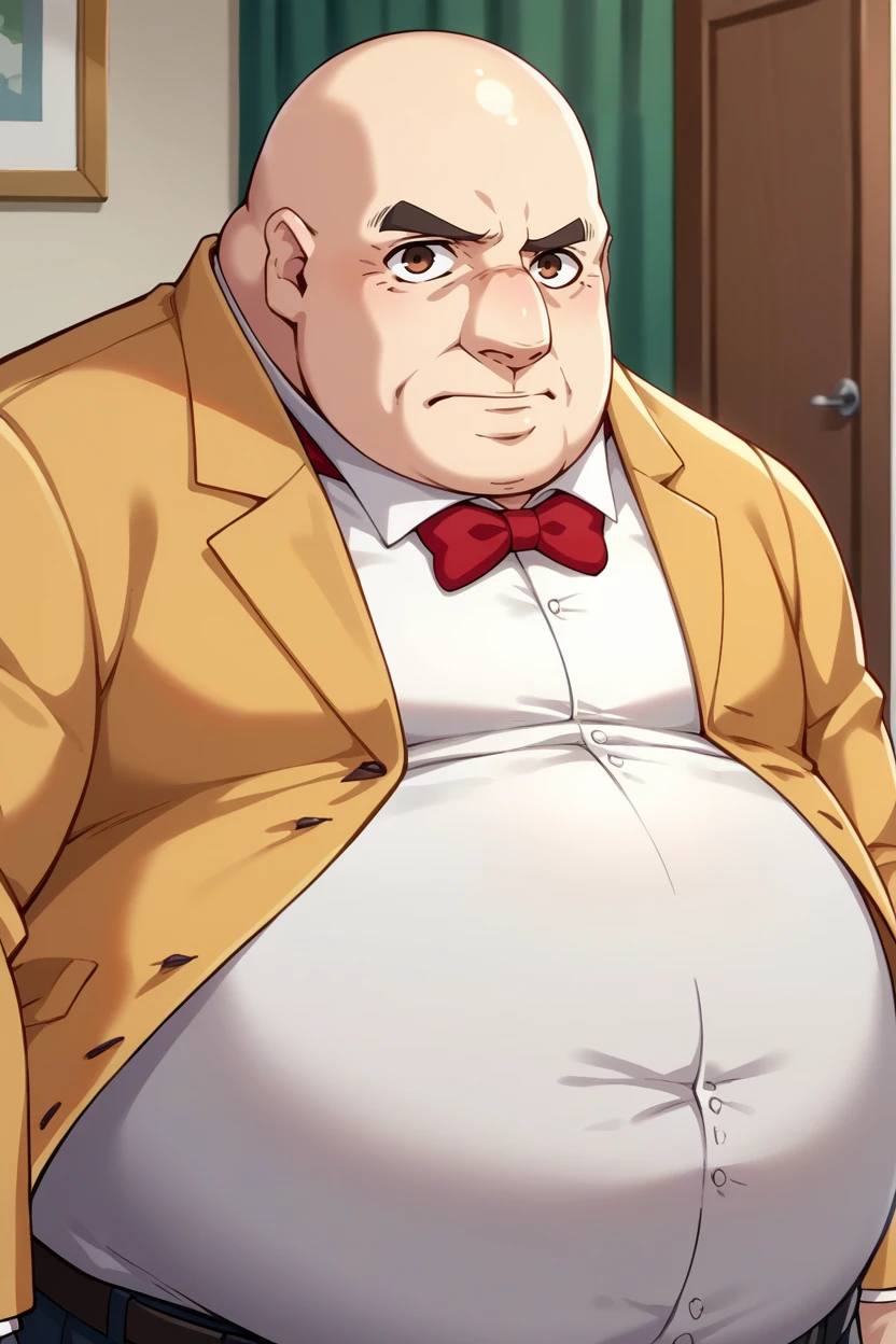 score_9, score_8_up, score_7_up, score_6_up, source_anime, BREAK male focus,  <lora:p5kobayakawa-pdxl-nvwls-v1-000005:1> p5principal, fat man, obese, bald, yellow jacket, formal, white shirt, red bow tie, upper body, looking at you