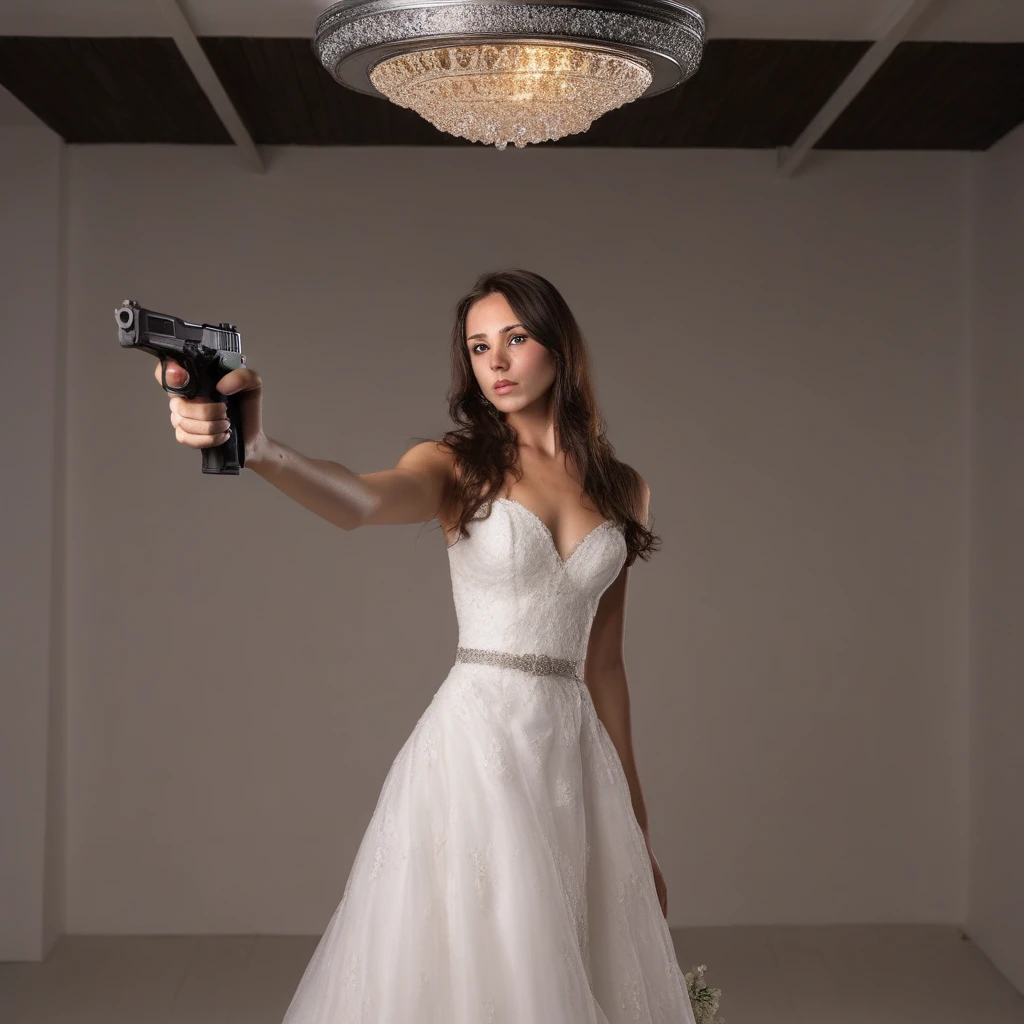 Brunette model holding HG_1 in one hand, aiming HG_1 upwards towards the ceiling, interior setting, wearing wedding dress, beautiful face, studio lighting