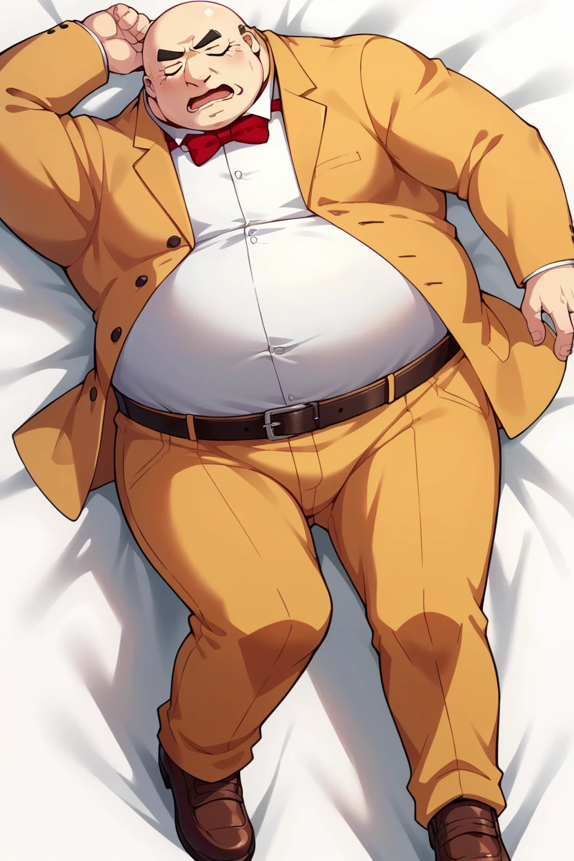 score_9, score_8_up, score_7_up, score_6_up, source_anime, BREAK male focus, solo <lora:p5kobayakawa-pdxl-nvwls-v1-000005:1> p5principal, fat man, obese, bald, yellow jacket, formal, white shirt, red bow tie, belt, yellow pants, closed eyes, lying on back, whole body, open mouth, wavy mouth, simple background, brown shoes, white background