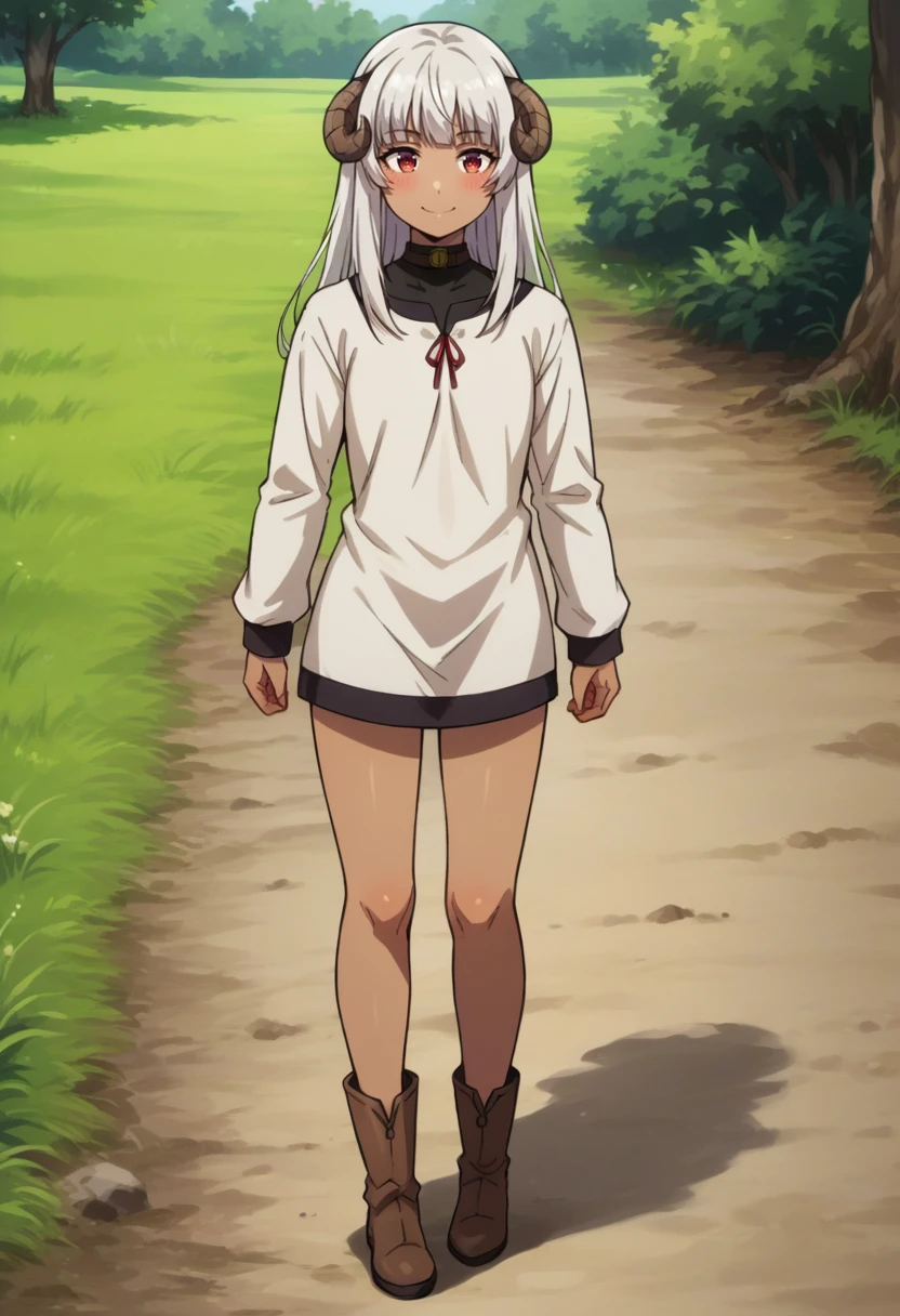 score_9, score_8_up, source_anime, Felm, long hair, dark skin, choker, white shirt, long sleeves, ribbon, bodysuit under clothes, short dress, bare legs, outdoors, full body, smile, blush, brown boots, <lora:ChamFelmPonyXL-000007:1>