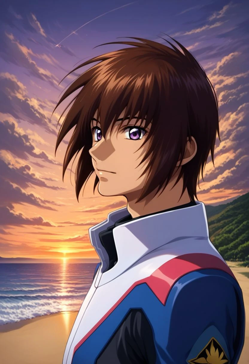 ASCIIscore_9, score_8_up, score_7_up, score_6_up,
source_anime, 
kira_yamato, hair parting left, wearing kycc pilot suit, 1boy, solo, detailed eyes, purple eyes, looking at the viewer, 
upper body portrait, 
scenery, beach, sunset,
masterpiece, best quality, very aesthetic, absurdres,