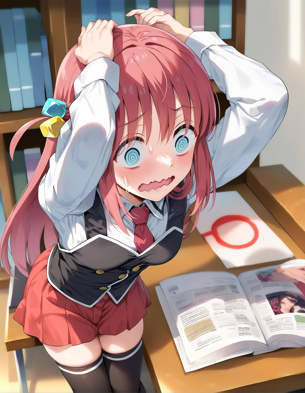 score_9,score_8_up,score_7_up,score_6_up,1girl estressed in a library, hands on own head, open mouth, wavy mouth, sweat, @ @, bocchi the rock!,  leaning on table, <lora:minasuki_popuri_style_pony6_v1-000036:1>, <lora:bible_black_uniform_xl_v3:1> school uniform, white shirt, black vest, black thighhighs, red skirt, red necktie, cube hair ornament, long hair,