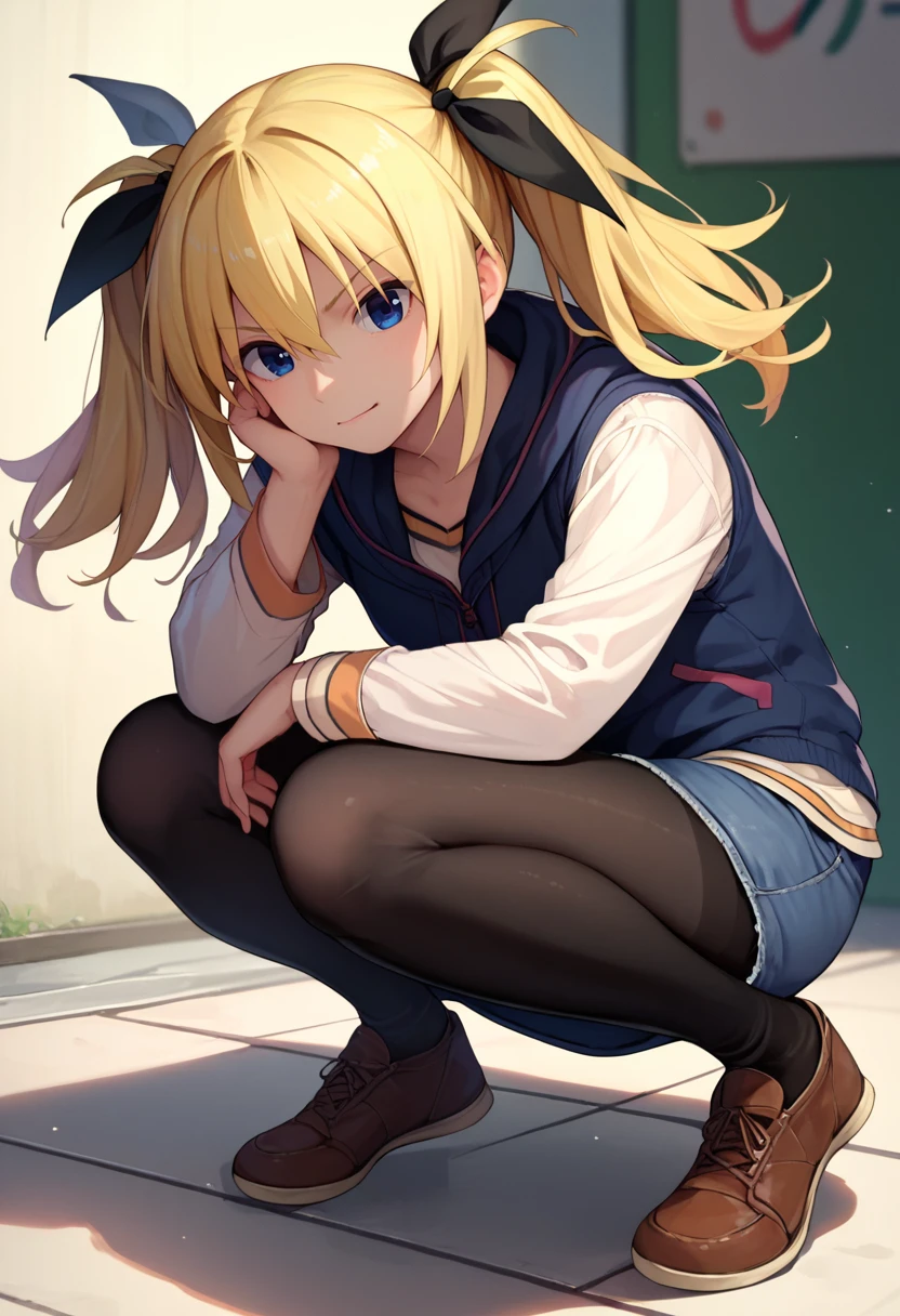 score_9, score_8_up, score_7_up, 1girl, HinaCasual, blue eyes, blonde hair, twintails, black hair ribbon, black hoodie, denim shorts, pantyhose, white shirt, squatting, front view, <lora:Arimura 10 DORA 3:1>
