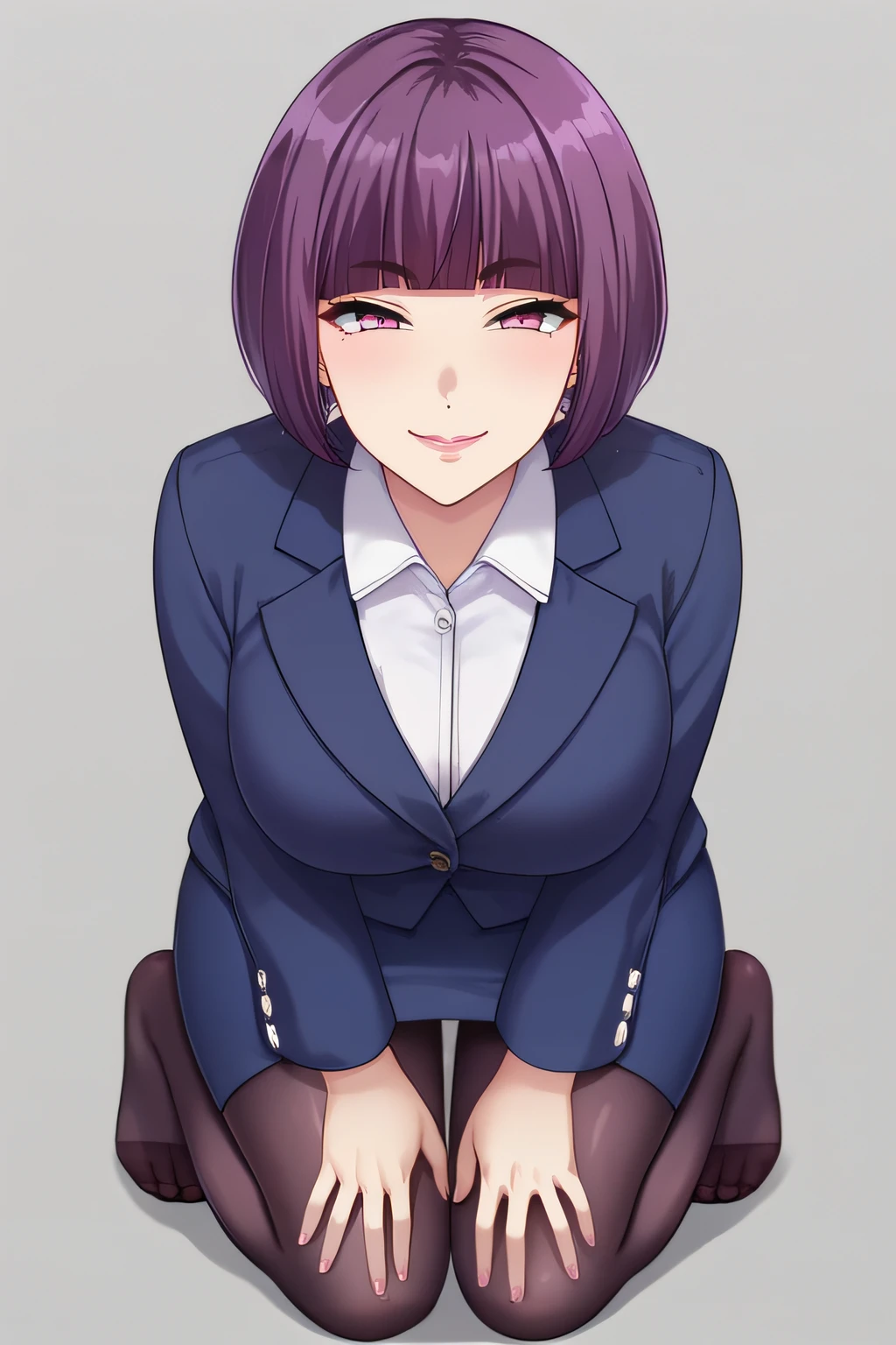 score_9, score_8_up, score_7_up, source_anime, rating_safe, intricate details, anime screencap, official style, <lora:Itsuki_Shima:1>, shima, bob cut, short hair, pink eyes, purple hair, large breasts, blue jacket, blue skirt, white shirt, office lady, black pantyhose, simple background, looking at viewer, naugthy face, smile, blush, half-closed eyes, full body, feet, kneeling, hands on knees