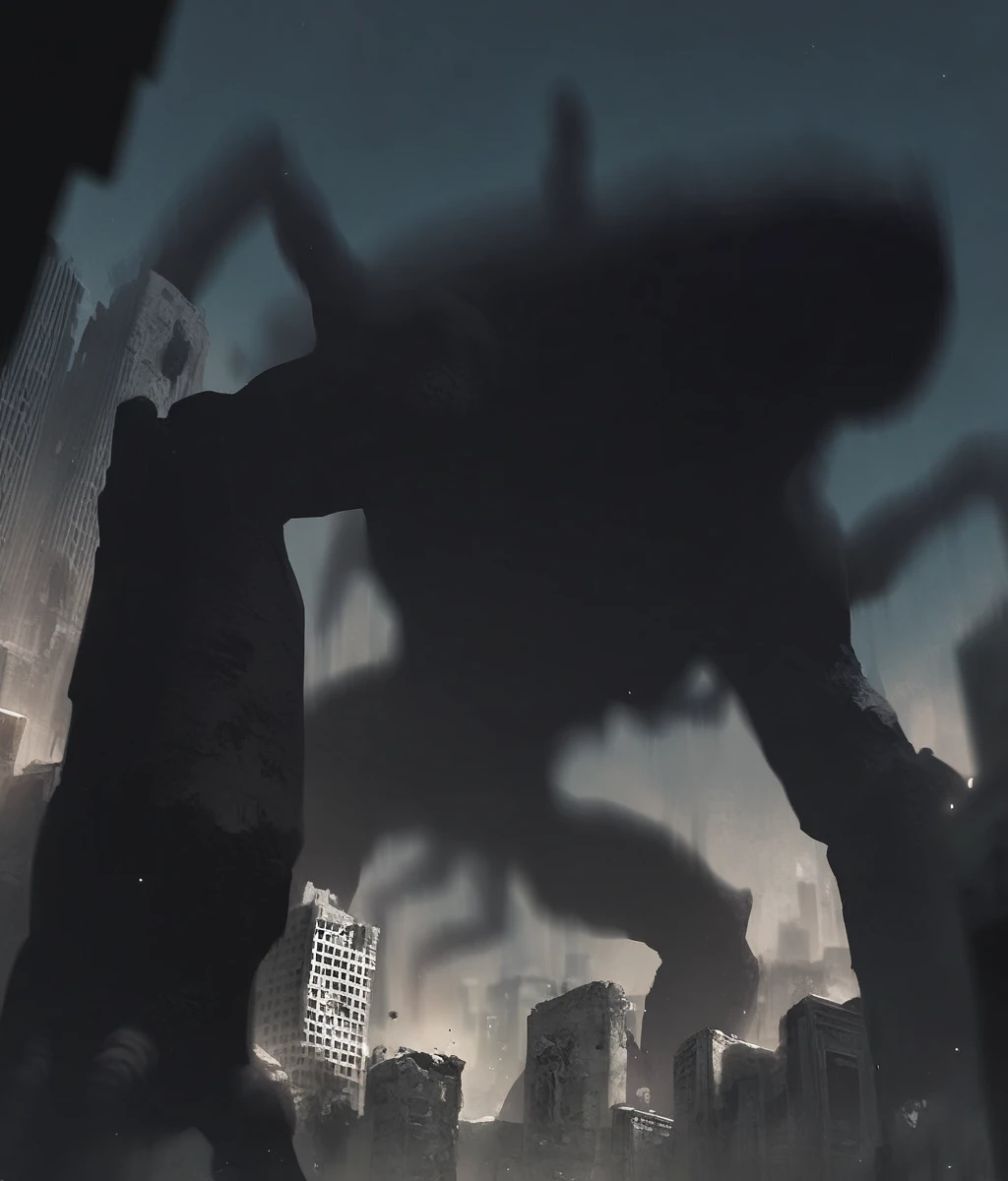 Score_9,score_8_up,score_7_up,creature,(all fours),solo,no humans,colossal titan,size difference,foge,ha_ze,motion blur,blurry,city,ruins,from below,night,dark,dreepy,<lora:Horror_The_Mist:0.8>,