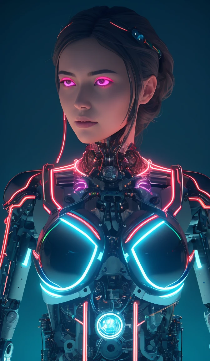 1mechanical girl,((ultra realistic details)), portrait512 Cyborg512 Tay512,electronics, motors, wires, buttons, lcd,global illumination, shadows, octane render, 8k, ultra sharp,metal,intricate, ornaments detailed, cold colors, egypician detail, highly intricate details, realistic light, trending on cgsociety, glowing eyes, facing camera, neon details, machanical limbs,blood vessels connected to tubes,mechanical vertebra attaching to back,mechanical cervial attaching to neck,sitting,wires and cables connecting to head