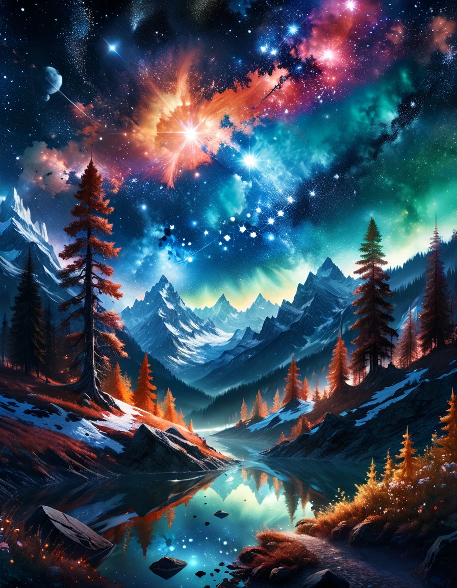 fantasy art by Chase Stone, sci-fi art, landscape of a Detailed Stimulating Austria from inside of a Taiga, Stars in the sky, Concept art, fantasy, sci-fi, D&D, <lora:ral-dissolve-sdxl:0.9> ral-dissolve, beautiful detailed supreme quality color intricate, luxury, contemporary fine detail, illustrious, cinematic