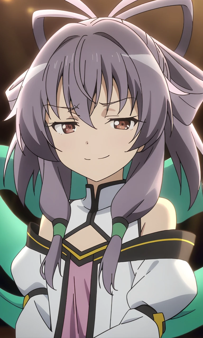 anime artwork illustrating Fan_Xinglou \(Gakusen Toshi Asterisk\), 1girl, brown eyes, short hair, purple hair, smug ,solo, school uniform \(Gakusen Toshi Asterisk\), bare shoulder, green shawl, petite, small breasts,best quality, 8k, masterpiece, animestye. created by japanese anime studio. highly emotional. best quality, high resolution