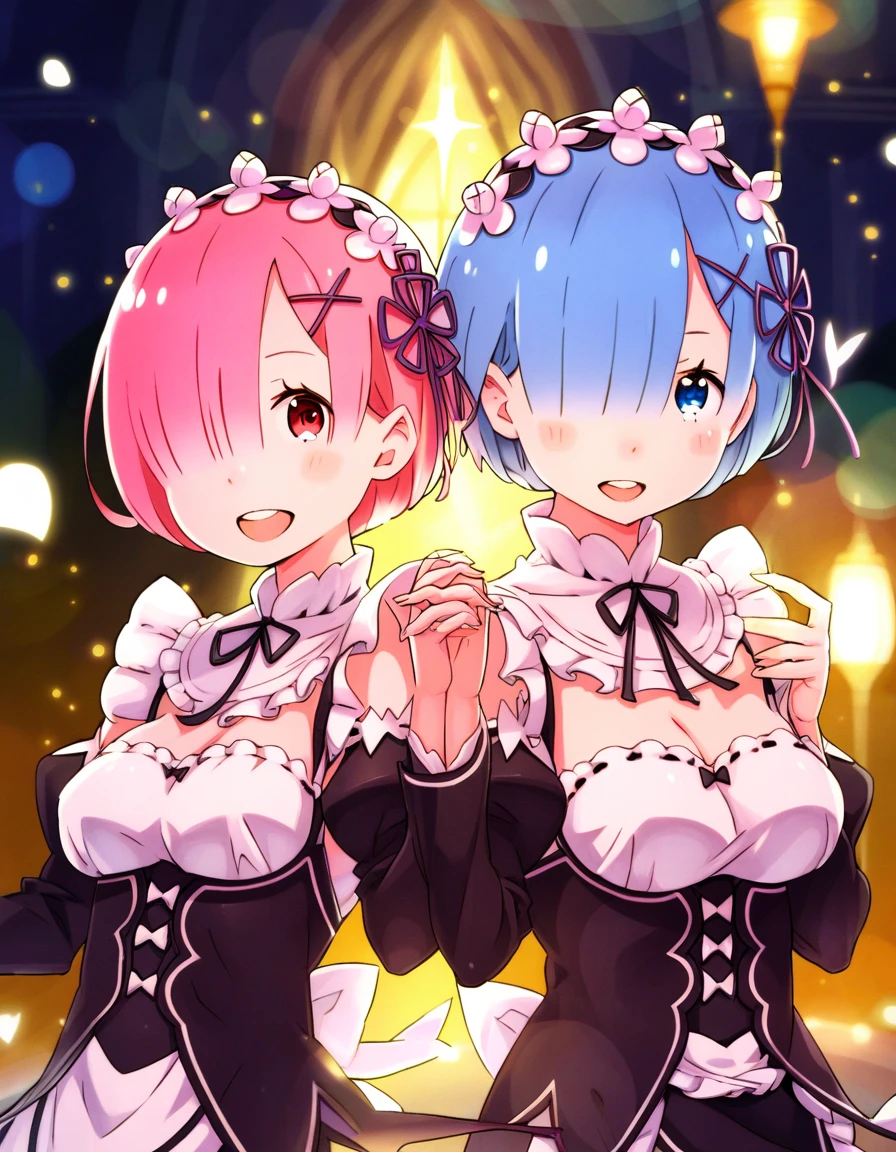 <lora:shinichirou_otsuka for pony:0.8>,score_9, score_8_up, score_7_up, 2girl, re:rem \(re:zero\), blue hair, short hair,hair over one eye, holding hands, re:ram \(re:zero\), pink hair, roswaal mansion maid uniform, maid,night,upper body, looking at viewer, parted lips, upper teeth only, smile, open mouth, light particles, film grain, lens flare,