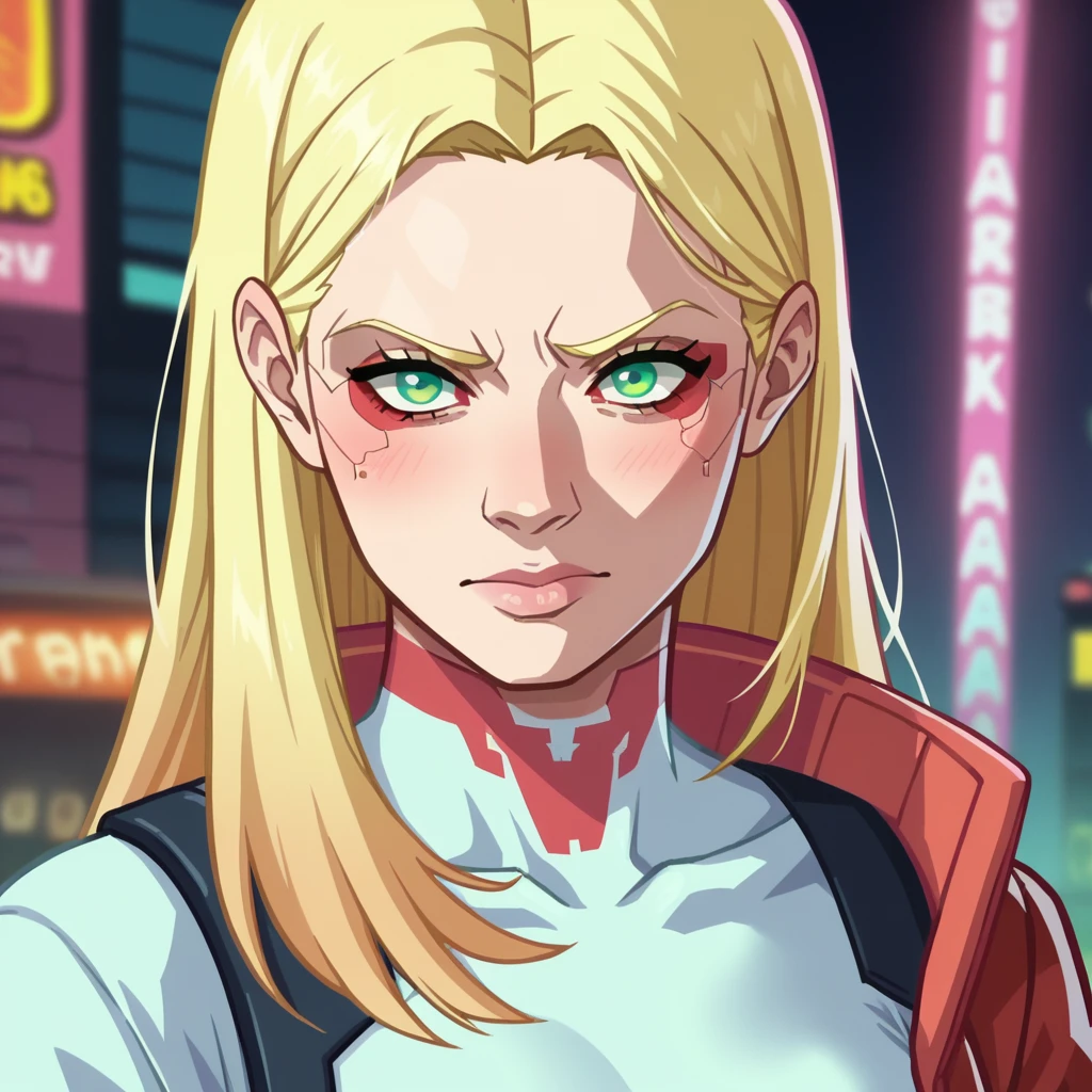 score_9, score_8_up, score_7_up,source_anime, anime 2d, anime screencap, a cyberpunk edgerunners woman with a futuristic katana, with blonde hair and green eyes, joxskriver, <lora:joskriver_ponyxl_aut_xl_1_wicap_merger_34_68_05_05-joxskriver:1>