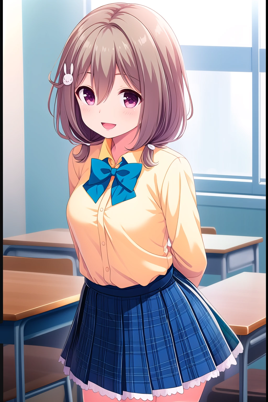 (masterpiece, best quality), highly detailed background, perfect lightingbest quality, kazemachiharuka, solo, indoors, classroom, light brown hair, hair between eyes, hairclip, rabbit hair ornament, low twintails, short hair, pink eyes, medium breasts, blue bowtie, yellow shirt, long sleeves, arms behind back, blue skirt, plaid skirt, school uniform, smile, open mouth, :d, pink lips, <lora:Kazemachi-Haruka-2-10:0.7>