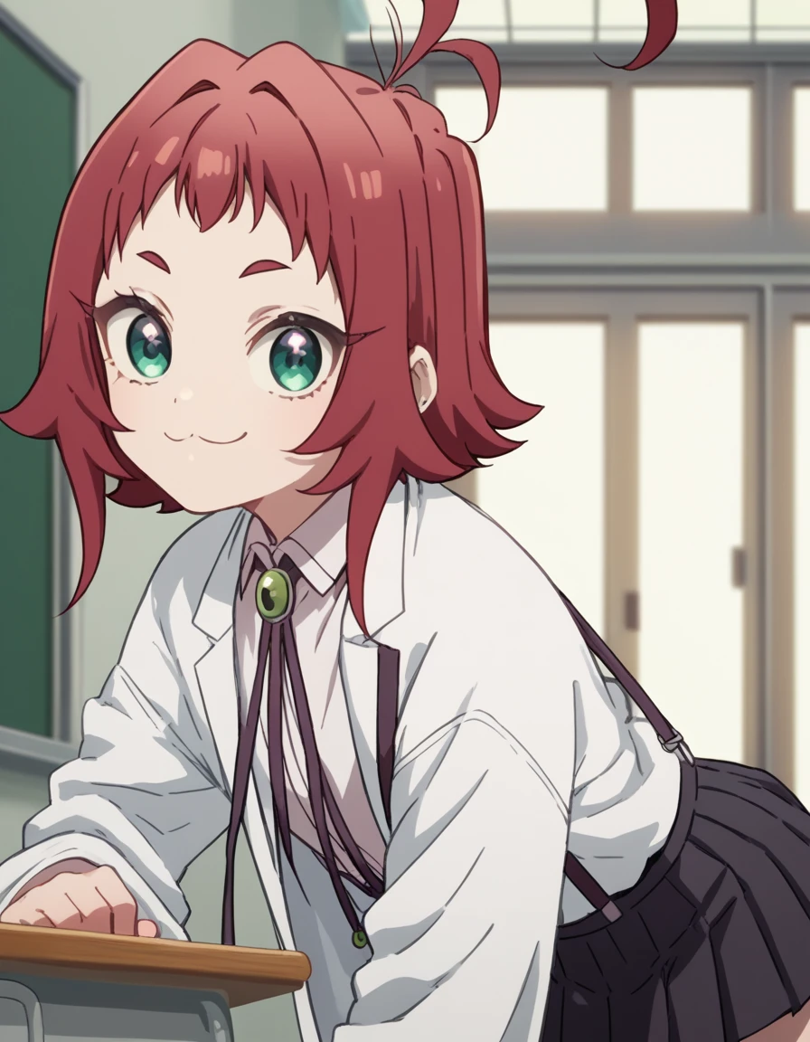 score_9, score_8_up, score_7_up, source_anime,
kusuriyakuzen, <lora:kusuri-yakuzen-s1-ponyxl-lora-nochekaiser:1>,
kusuri yakuzen, green eyes, red hair, antenna hair, ahoge,
short hair, white shirt, pleated skirt, collared shirt, black skirt, neck ribbon, suspenders, labcoat, suspender skirt, female child,
indoors, classroom, bent over, smile,
looking at viewer, cowboy shot, dutch angle, solo,