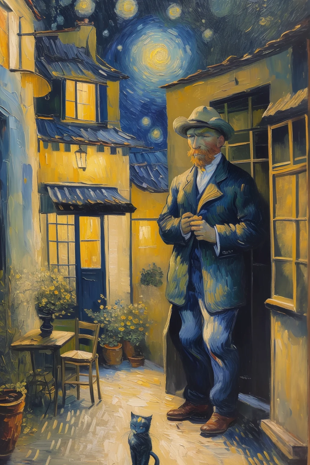 masterpiece,best quality,cat in outdoor,oil painting,<lora:tbh123-:0.8>,style of Vincent van Gogh,