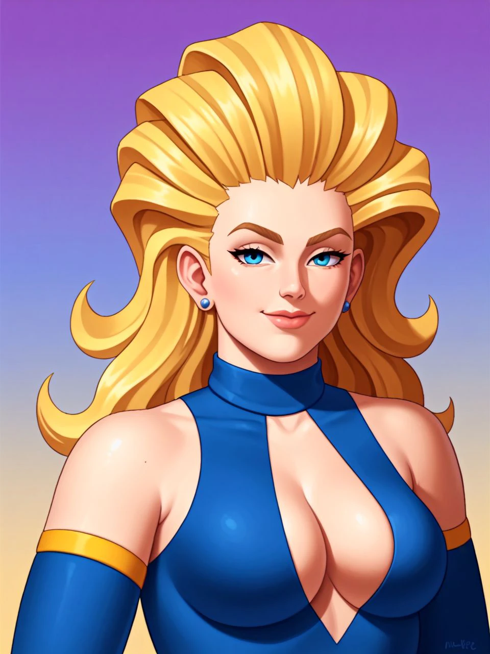 score_9, score_8_up, score_7_up, score_6_up, score_5_up, score_4_up, BREAK
chunky female, lips, blonde hair, big hair, slicked back hair, blue eyes, stud earrings
blue leotard, cleavage window, detached sleeves
 seated pose, (upper body:1.1), warm slight smile, closed mouth, looking at viewer, (arms to side:1.3)
(portrait studio, colorful abstract background, textured portrait backdrop:1.1)
 <lora:maryTBL_PDXL:1> marytbl