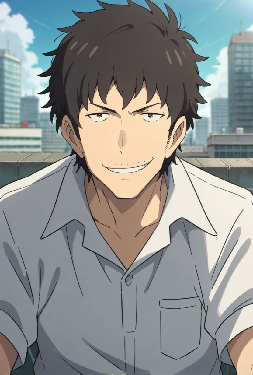 score_9, score_8_up, keisuke suga, 1boy, solo, black hair, messy hair, brown eyes, stubble, smirk, roof, outdoors, city, looking at viewer