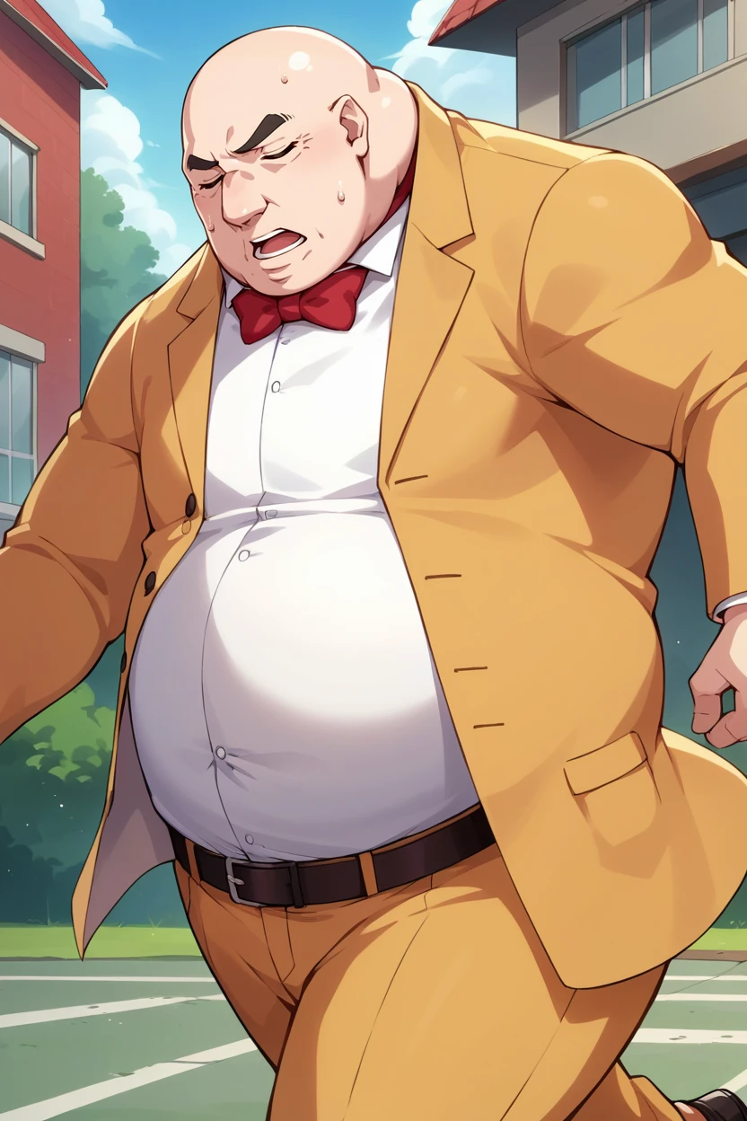 score_9, score_8_up, score_7_up, score_6_up, source_anime, BREAK male focus, <lora:p5kobayakawa-pdxl-nvwls-v1-000005:1> p5principal, fat man, obese, bald, yellow jacket, formal, white shirt, red bow tie, belt, yellow pants, running, open mouth, sweat, tired, from side, closed eyes