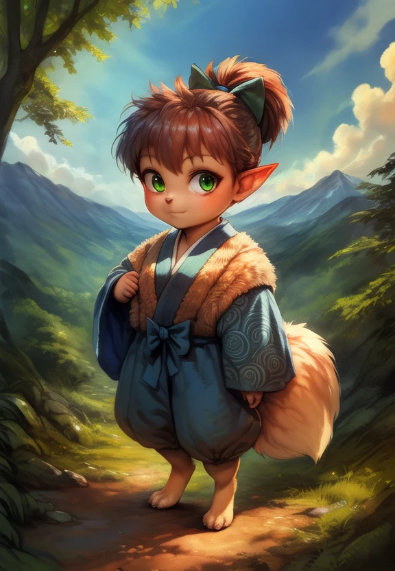 <lora:ShippouDemonFox:1>  [Forest, path, trees, sky clouds, mountains,] ShippouDemonFox, kemono, green bow on the head, green bow eyes, animal legs, tail,  pointed ears, (soft skin,),
textured fur, solo, looking at viewer, to his full height, (beautiful, aesthetic, perfect, delicate, intricate, masterpiece, ) chibi,
[by kenket|by totesfleisch8], by thebigslick:by silverfox5213:0.8], [by syuro, by paloma-paloma::0.2, (Tricksta, TotesFleisch8)