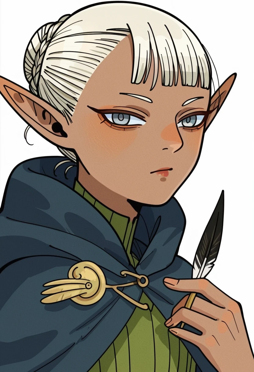 score_9_up score_8_up score_7_up, elf, portrait, solo, dark skin, 1girl, braid, white background, looking at viewer, dark-skinned female, simple background, dark elf, holding, white hair, bangs, feathers, quill, single hair bun, upper body, hair bun, closed mouth, cloak, grey eyes, short hair
<lora:dungeon_meshi_races_pony7_d16:1>