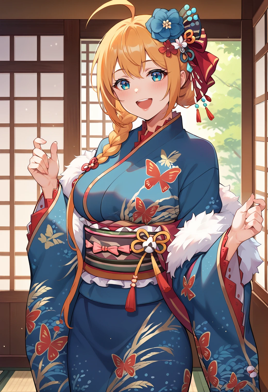 score_9, score_8_up, score_7_up,  source_anime,
(masterpiece, best quality), fcDetailPortrait, solo, indoors, 1girl, pecorinebase, ahoge, braid, large breasts, 
peconewyear, side braid, hair flower, blue flower, hair red ribbon, fur-trimmed kimono, blue kimono, print kimono, butterfly print, sleeves past wrists, sash, obi,
looking at viewer, smile, open mouth, 
hands up,