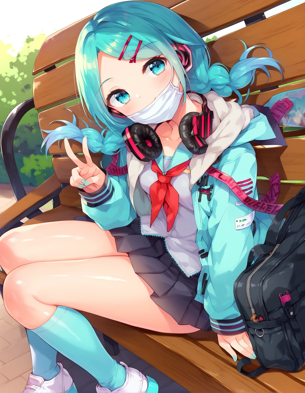 score_9,score_8_up,score_7_up,score_6_up,1girl sitting on a park bench, hatsune miku, dutch angle, smile, headphones around neck, headphones, mouth mask, skirt, school uniform, pleated skirt, socks, jacket, hair ornament, mask pull, twintails, hairclip, serafuku, respirator, surgical mask, neckerchief, bag, mask around neck, sailor collar, open jacket, sneakers, open clothes, hood, kneehighs, long sleeves, braid, shirt, x hair ornament, low twintails, parted bangs, school bag, twin braids, hooded jacket, short hair,v, head tilt,  <lora:minasuki_popuri_style_pony6_v1-000036:1>