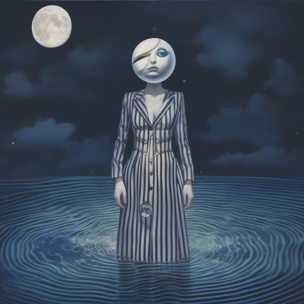 pinstripe pattern, eyeball, bodysuit, moon, coat, star (sky), partially submerged, dress