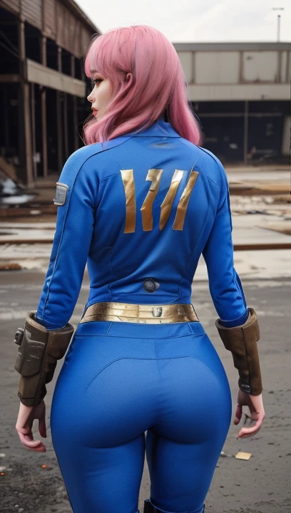 masterpiece, photography of ((cute girl)), blue jumpsuit, belt, brown footwear, boots, pink hair color, long hair,
((huge breast size)), from behind,
outdoors, day, sunlight, post apocalyptic background<lora:Vault_Jumpsuit:0.8>
