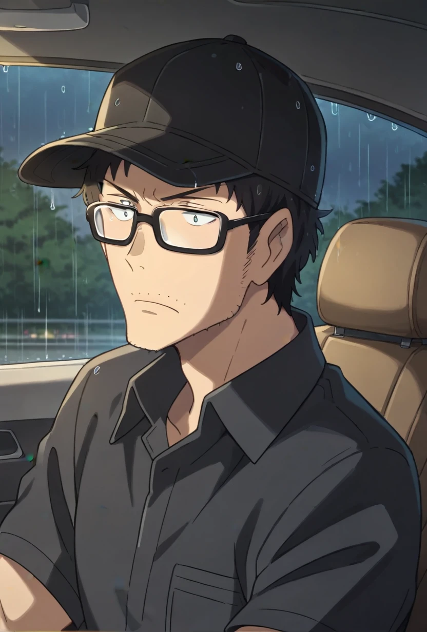 score_9, score_8_up, keisuke suga, 1boy, solo, black hair, stubble, black baseball cap, glasses, black shirt, serious, cowboy shot, car, driver's seat, night, rain