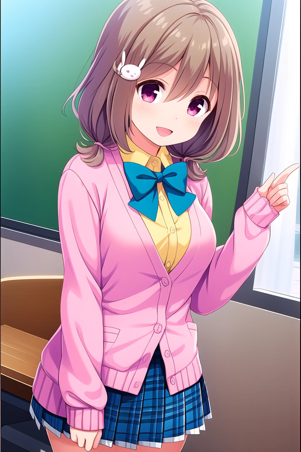 (masterpiece, best quality), highly detailed background, perfect lightingbest quality, kazemachiharuka, solo, indoors, classroom, light brown hair, hair between eyes, hairclip, rabbit hair ornament, low twintails, short hair, pink eyes, medium breasts, pink cardigan, blue bowtie, yellow shirt, long sleeves, sleeves past wrists, blue skirt, plaid skirt, school uniform, smile, open mouth, :d, pink lips, <lora:Kazemachi-Haruka-2-10:0.7>