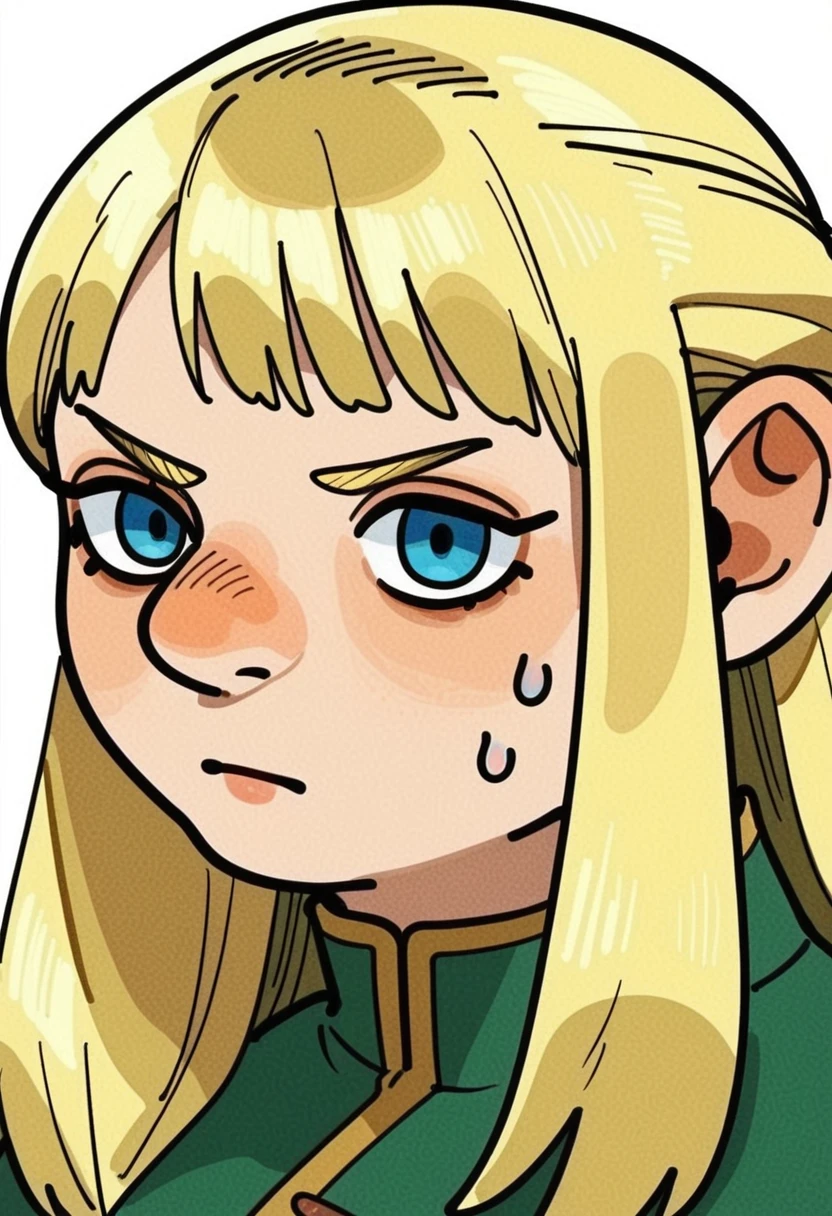 score_9_up score_8_up score_7_up, dwarf, portrait, solo, blonde hair, 1girl, blue eyes, white background, simple background, long hair, bangs, closed mouth, sweatdrop, half updo
<lora:dungeon_meshi_races_pony7_d16:1>