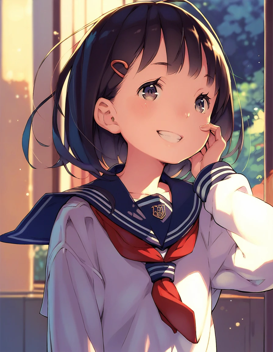 <lora:shinichirou_otsuka for pony:0.8>,score_9, score_8_up, score_7_up, source_anime, 1girl, serafuku, school uniform,smile,