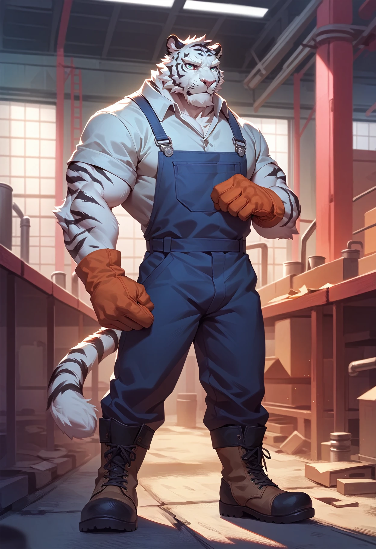 felid, tiger,
anthro, solo, male, muscular,
(white eyebrows, white fur, white body:1.2),
clothed, topwaer, bottomwear, footwear, handwear, (gloves), boots,
worker, (factory uniforms, work wear style), detailed background,