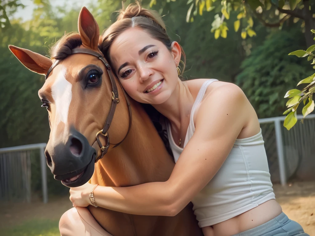 wide shot, score_9, score_8_up, score_7_up <lora:MayaHiga_PonyXL_V1:1> mayahiga hugging a horse, animal, white tank top, outdoors, looking at viewer