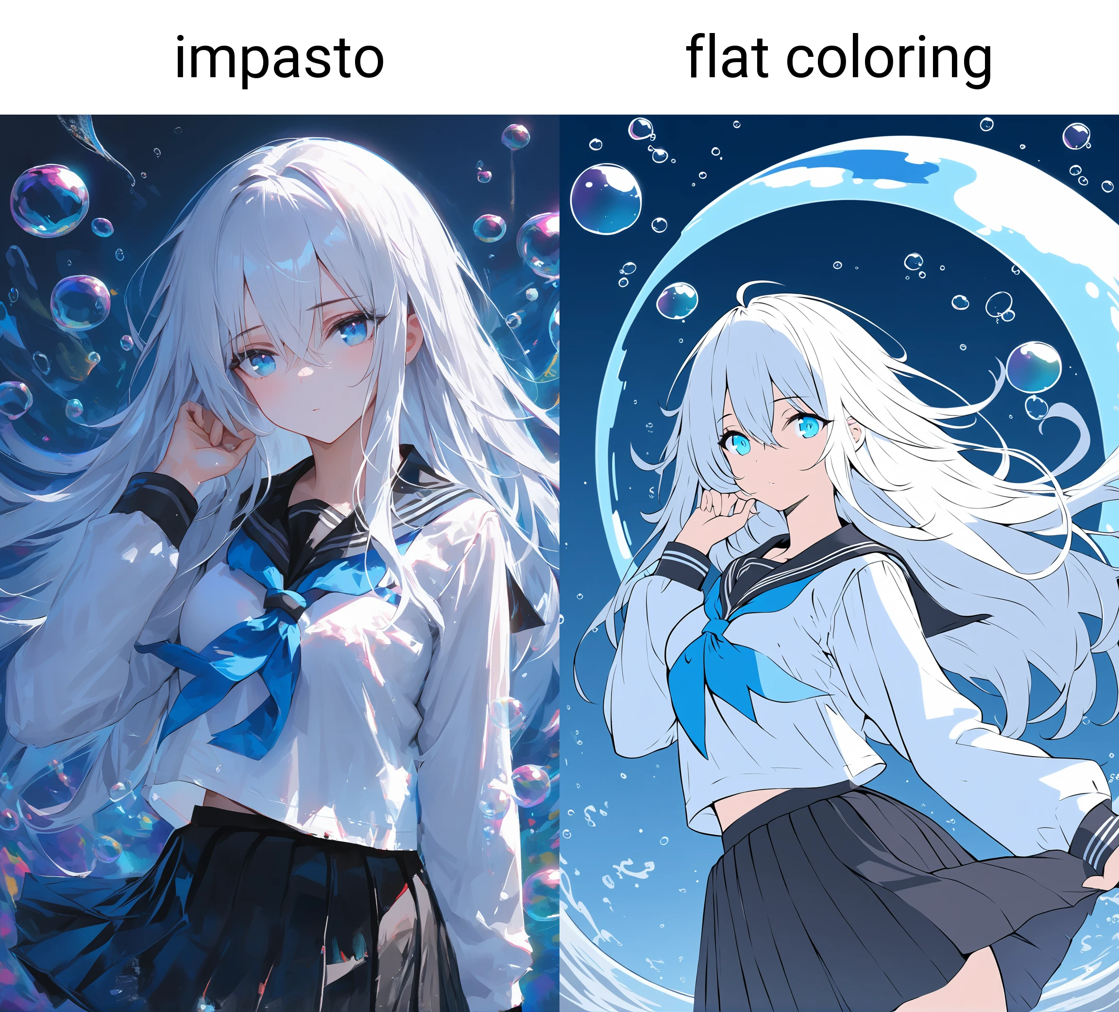 masterpiece,impasto,1girl,solo,blue eyes,long hair,school uniform,sailor collar,skirt,serafuku,long sleeves,bubble,shirt,white shirt,neckerchief,hair between eyes,black skirt,black sailor collar,pleated skirt,hand up,white hair,blue neckerchief,