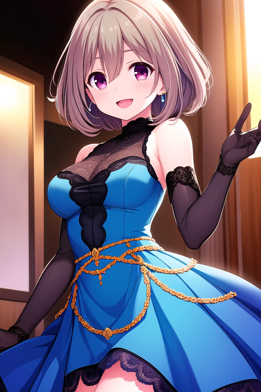 (masterpiece, best quality), highly detailed background, perfect lightingbest quality, kazemachiharuka, solo, indoors, light brown hair, hair between eyes, short hair, pink eyes, medium breasts, jewelry, blue dress, frilled dress, lace-trimmed dress, black shirt, clothing cutout, lace trim, bare shoulders, puffy long sleeves, detached sleeves, black gloves, lace-trimmed gloves, smile, open mouth, :d, pink lips, <lora:Kazemachi-Haruka-2-10:0.7>
