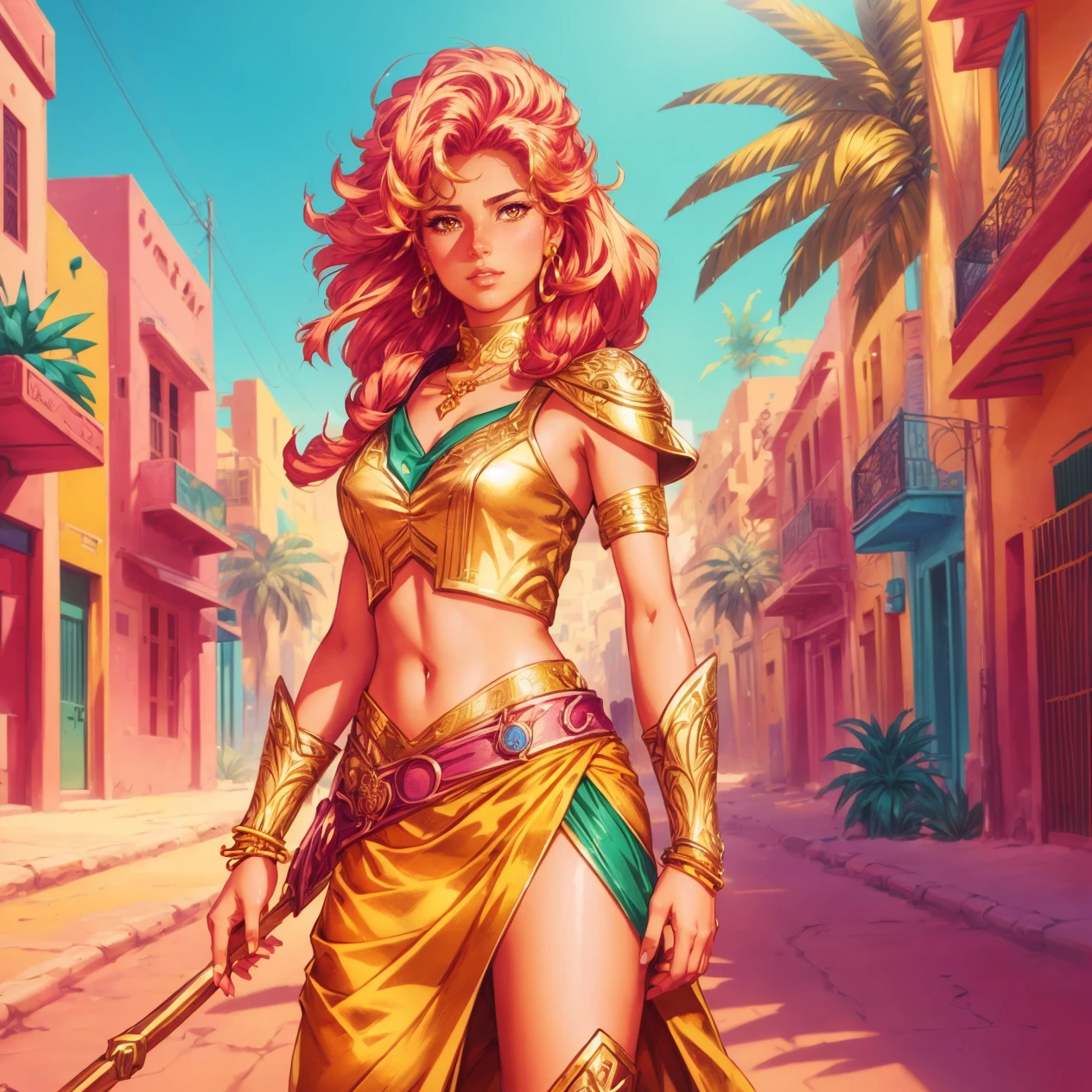 8k wallpaper of a beautiful anime adventurer girl wearing gold jewelry in the streets of a city in the Western Sahara, by Artgerm, intricate detail, trending on ArtStation, 8k, fluid motion, stunning shading, hud_jem_boxart, colorful retro artstyle, colorful background, neon, palm trees, <lora:jem_style_sd15-000007:0.75>