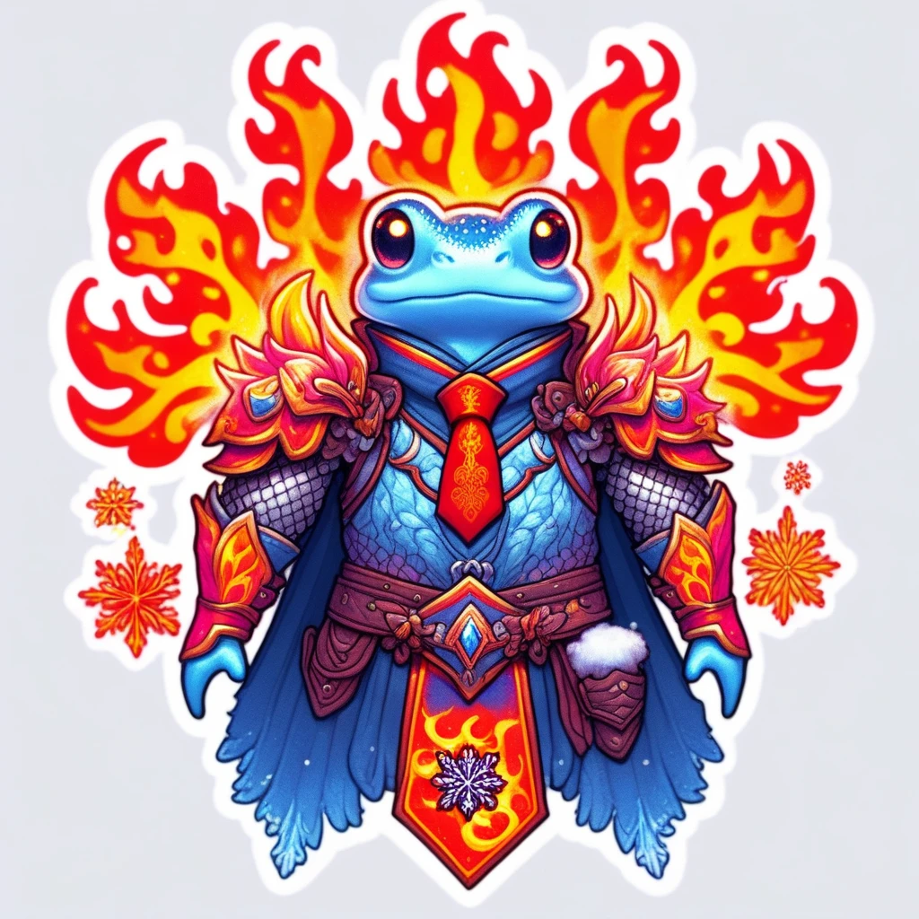 shoulder armor, necktie, fire, scales, blue hair, snowflake hair ornament, saddle