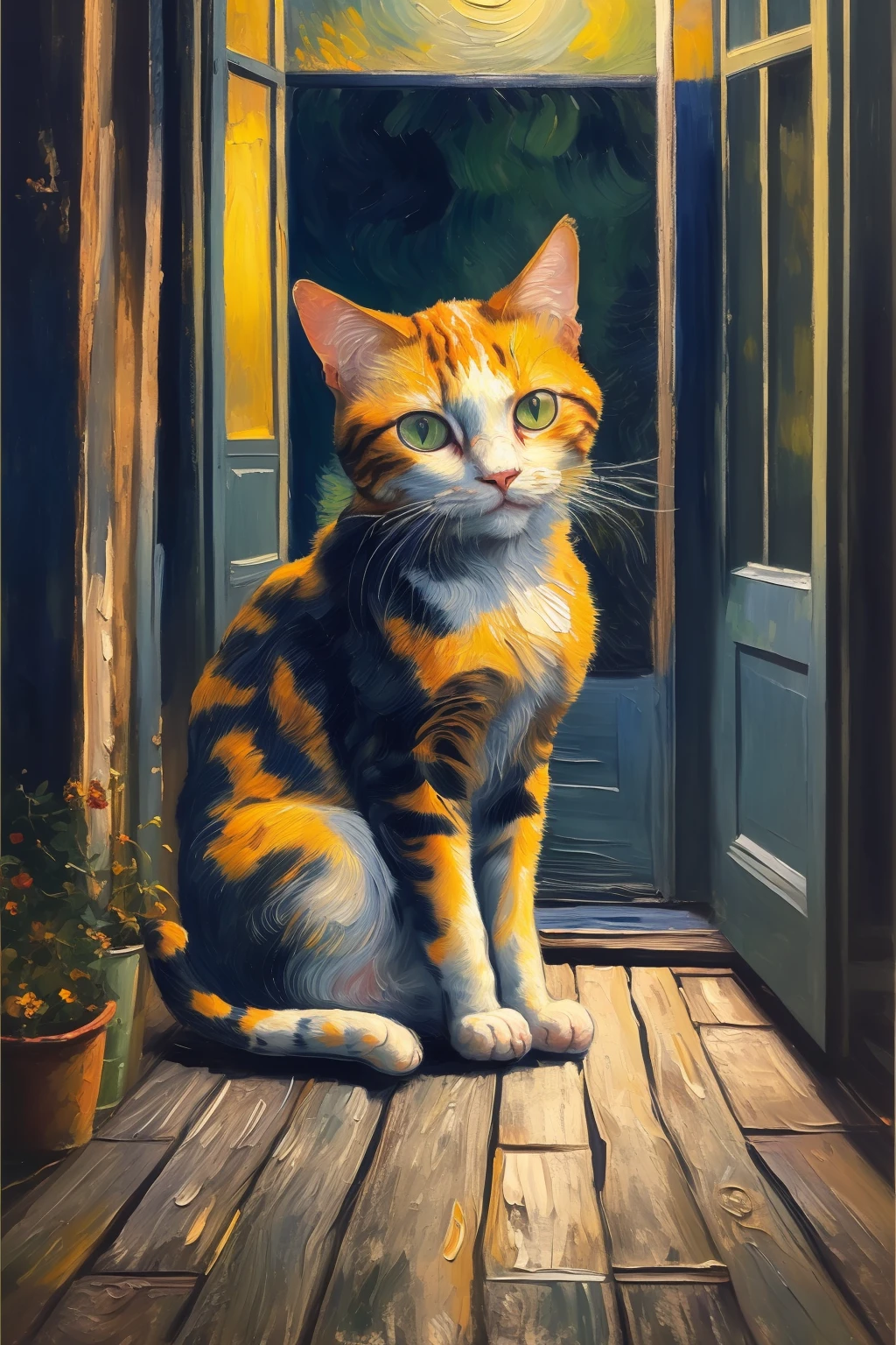 masterpiece,best quality,cat in outdoor,oil painting,<lora:tbh123-:0.8>,style of Vincent van Gogh,