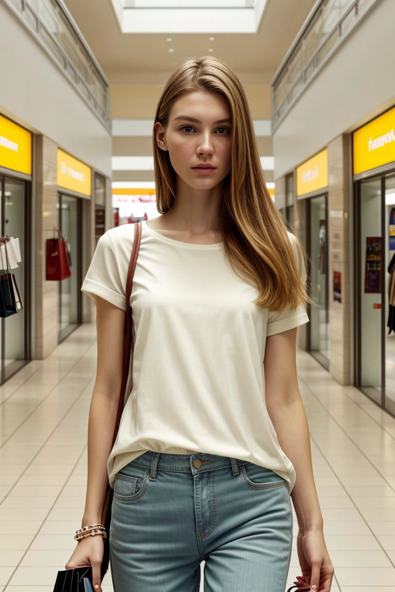 <lora:kawaii7.1.3_obj20:0.75:0.25>, European woman, closeup, sandals, (shirt), pants, (shopping mall hallway), ZM_amelia, wide shoulders, perfect face, (contact iris: 1.1), pale skin, skin pores , depth of field