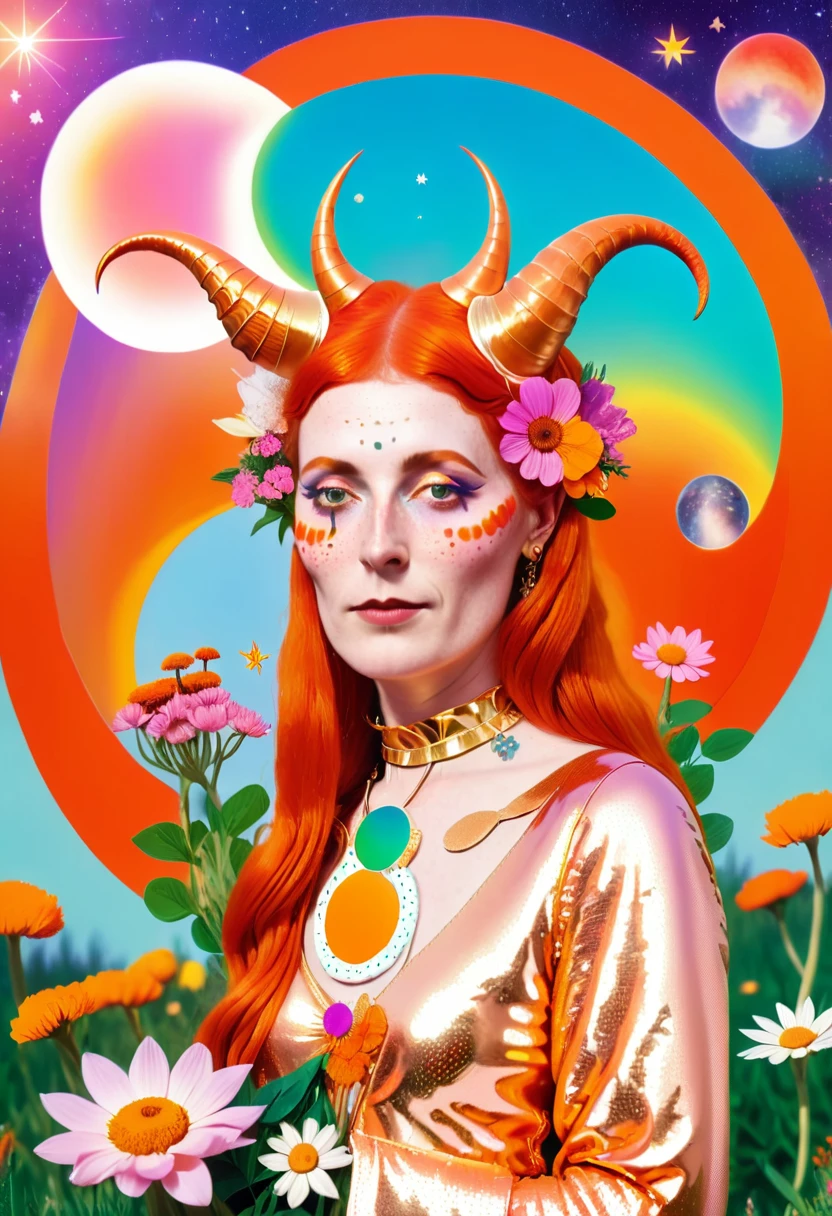Irish mystic woman with freckles and horns and flowers in her orange hair is wearing a shiny outfit, Arabella Rankin, otherworldly, an album cover, aestheticism, colorful circle and moon and stars background