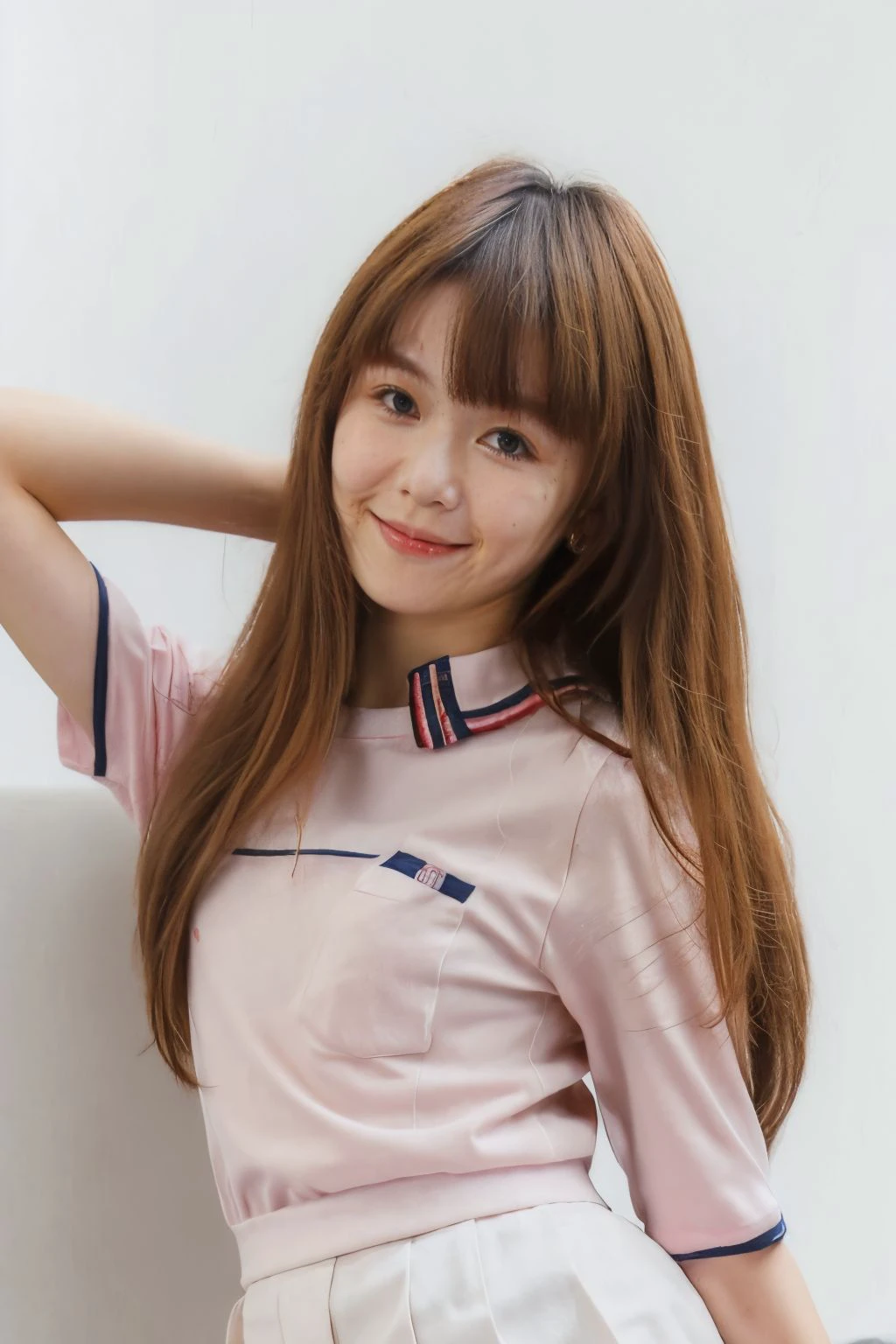1girl, solo, small breasts, looking at viewer, realistic, photorealistic, lips, long hair, brown hair, smile, bangs, tattoo, jewelry, hyper detailed, super sharp, crisp, smooth, smooth gradients, depth of field, (in studio: 1.1), (white background: 1.1), student uniform, <lora:sammi_shiang:1>, <lora:breastsizeslideroffset:-0.4>, <lora:skin_slider_v2_1_FACE:0.5>, <lora:add_detail_v5:1>