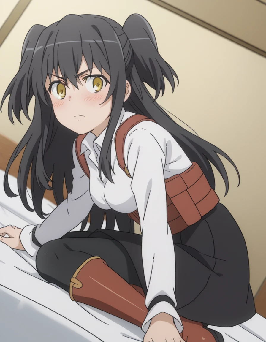 score_9, score_8_up, score_7_up, source_anime,
rakkoyumiya, <lora:rakko-yumiya-s3-ponyxl-lora-nochekaiser:1>,
rakko yumiya, long hair, black hair, two side up, yellow eyes, sidelocks,
skirt, shirt, long sleeves, white shirt, pantyhose, boots, black skirt, black pantyhose, knee boots, red footwear, underbust,
indoors, bed, bed room, on side, blush, drunk,
looking at viewer, cowboy shot, dutch angle, solo,
