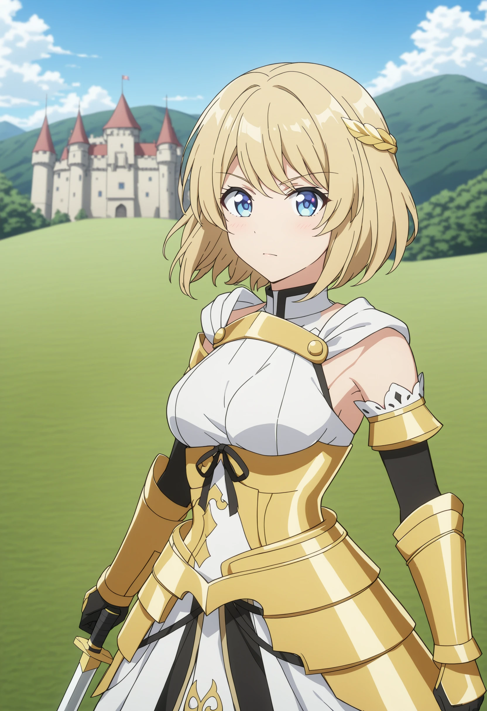 sysdeep_jeanne, 1girl, solo, breasts, short_hair, closed_mouth, blue_eyes, blonde_hair, medium_breasts, jeanne_ornament, golden_armor, hill, outdoor, castle, sword, anime_coloring, <lora:Jeanne D Arc - [Compass] - SDXL Version 1:1>