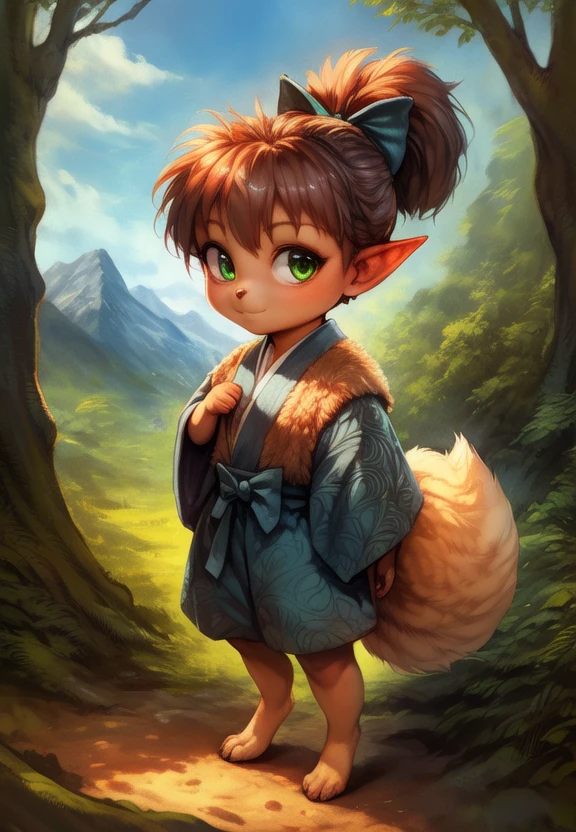 <lora:ShippouDemonFox:1>  [Forest, path, trees, sky clouds, mountains,] ShippouDemonFox, kemono, green bow on the head, green bow eyes, animal legs, tail,  pointed ears, (soft skin,),
textured fur, solo, looking at viewer, to his full height, (beautiful, aesthetic, perfect, delicate, intricate, masterpiece, ) chibi,
[by kenket|by totesfleisch8], by thebigslick:by silverfox5213:0.8], [by syuro, by paloma-paloma::0.2, (Tricksta, TotesFleisch8)