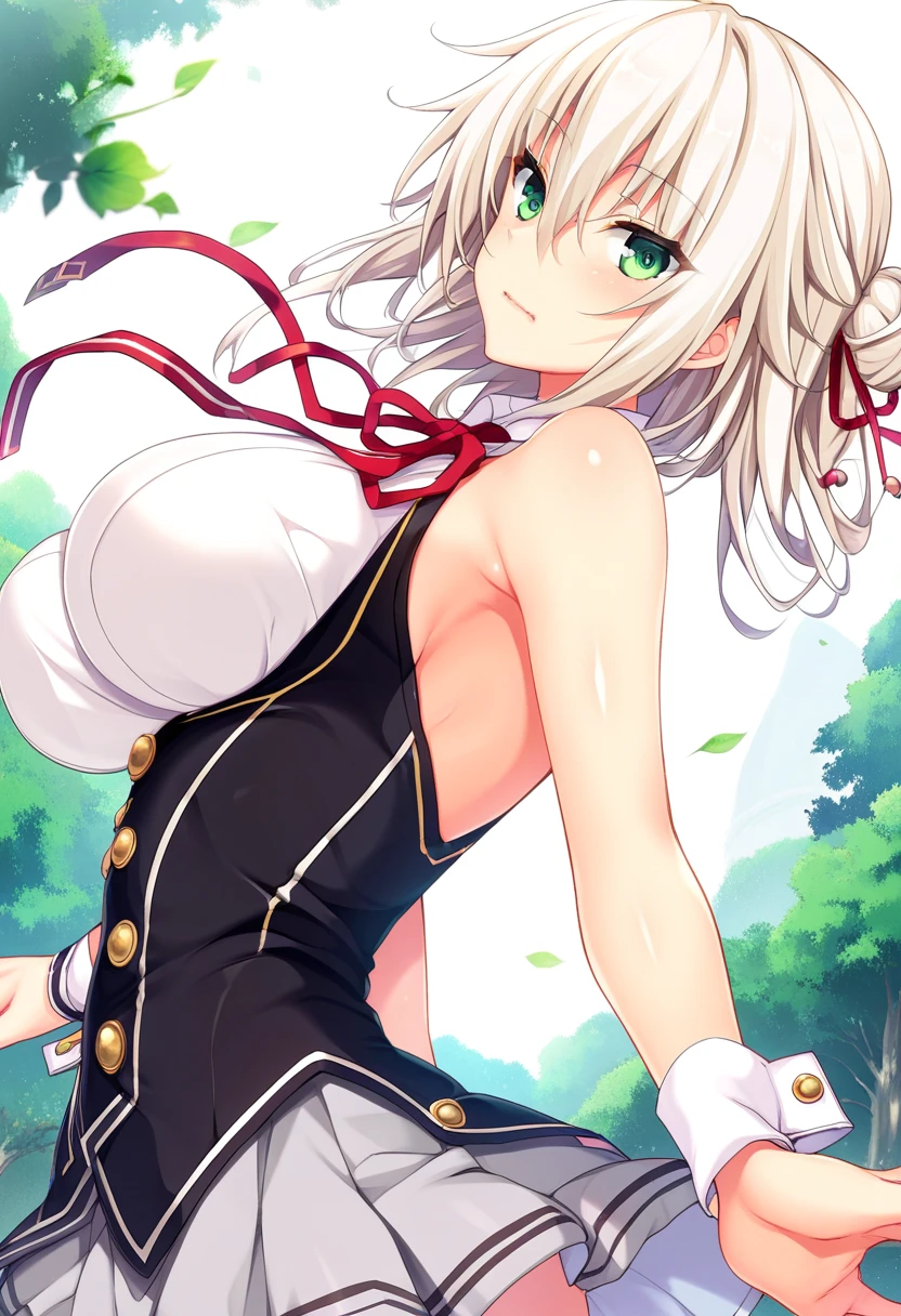 <lora:yuri_shachi_Pv1:1>, yshachi, (hair bun:0.75), white hair, green eyes, 1girl, from side, large breasts, black costume,, grey skirt, red ribbon, wrist cuffs, striped shirt,, BREAK score_9, score_8_up, score_7_up, score_6_up, source_anime, best quality,