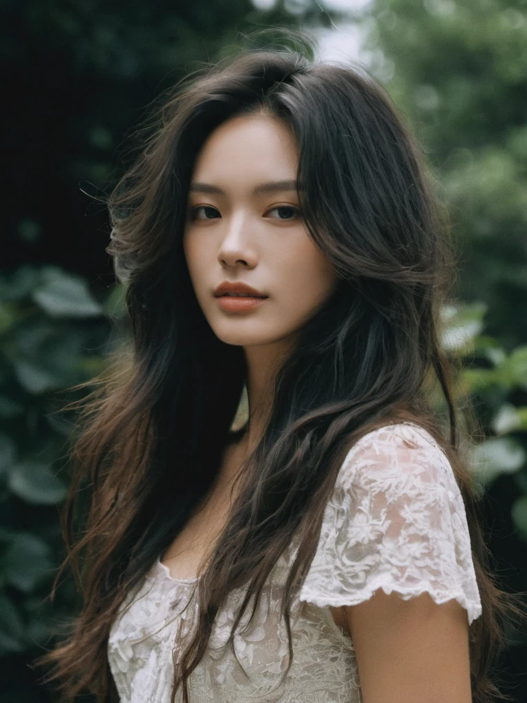 muchen,cngirl,imperfect skin face,haute couture dress,(imperfect skin body),outdoors,cinematic,(deep photo:1.1),(depth of field),Superia 400,shadows,messy hair,perfect face and body,dark,dark photo,grainy,PHOTO BY chenman,pores on the face are clearly visible,long hair,tall,