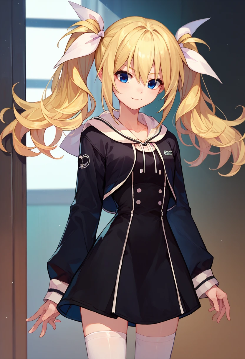 score_9, score_8_up, score_7_up, 1girl, HinaSchool, blue eyes, blonde hair, twintails, white hair ribbon, black short dress, white thighhighs, black sleeves <lora:Arimura 10 DORA 3:1>