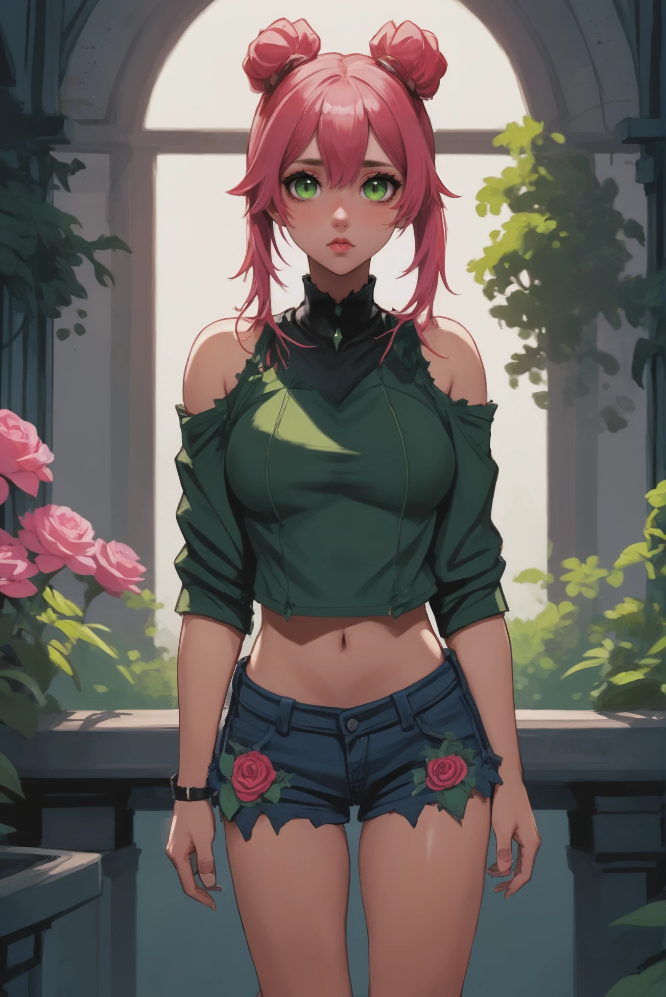 anime digital painting, cute, 1girl, woman, bad girl, cute, formal costume design,punk hair, torn denim shorts, bombshell hair, pink and forest green hair, Rose Bun, palegreen clothes, athletic hourglass figure, (african, dark skin:0.6), Botanical garden conservatory in a ruined,far future fantasy vertical arcology beyond the end of time, masterpiece<lora:EnvyStarlightAnime05v11:1>