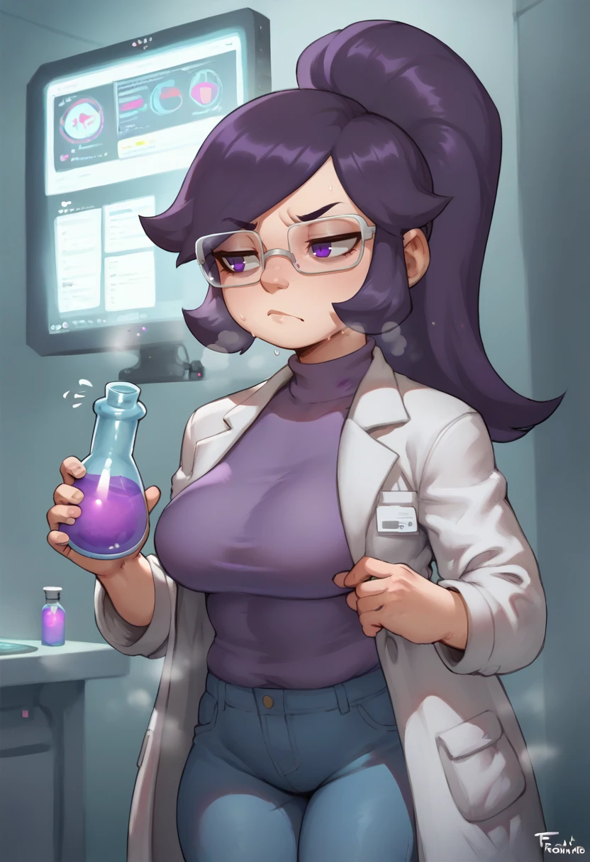 score_9, score_8_up, score_7_up, score_6_up, BREAK
A gorgeous woman: long purple ponytail, purple eyes, with glasses, wearing jeans a purple shirt, and a white lab coat, with futuristic tech around, curious expression, inquisitive face, holding a steaming flask, laboratory background, various computer screen in the background, <lora:PulenKompot-Forastero_Style_PonyXL:1> forastero