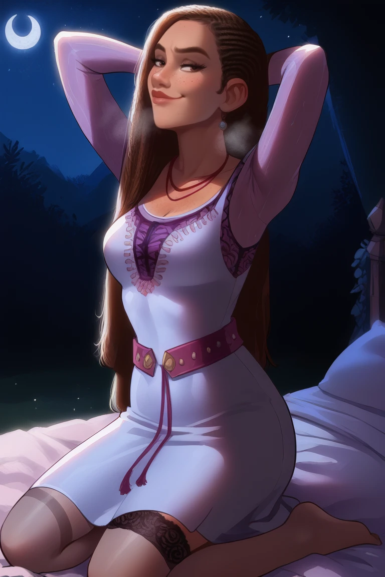 (source_anime, score_9, score_8_up, score_7_up:1), DisneyAsh, 1girl, dress, necklaces, cornrows, hands behind head, freckles, lingerie dress, lace, on bed, kneeling, night, smirk, closed mouth, visible breath, (dark-skinned female:0.8), realistic:0.56, large waist, lingerie, garter_strap, stockings,Expressiveh, view from behind,Nyantcha style, sweaty skin<lora:EMS-339894-EMS:0.800000>, <lora:EMS-365703-EMS:1.000000>