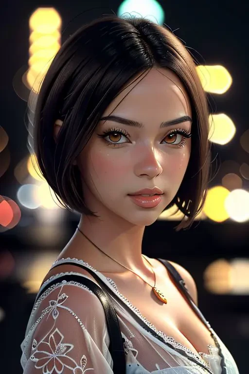 Tall hispanic woman with expressive hazel eyes and long wavy dark brown hair; warm olive skin; hourglass build; (soft face with full lips); ample bosom; best quality; trending on artstation; dark room with complex volumetric lighting; strong shadows; artistic lighting; dynamic; energetic vibe; realistic skin; specular highlights; micro-textures; highly detailed hair;  on an outdoor asphalt court, surrounded by urban sprawl with lots of futuristic highrise buildings dystopia; megalopolis